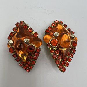 1980's Vintage Toney & Romelda Clip-On Earrings Orange Rhinestones Art Deco